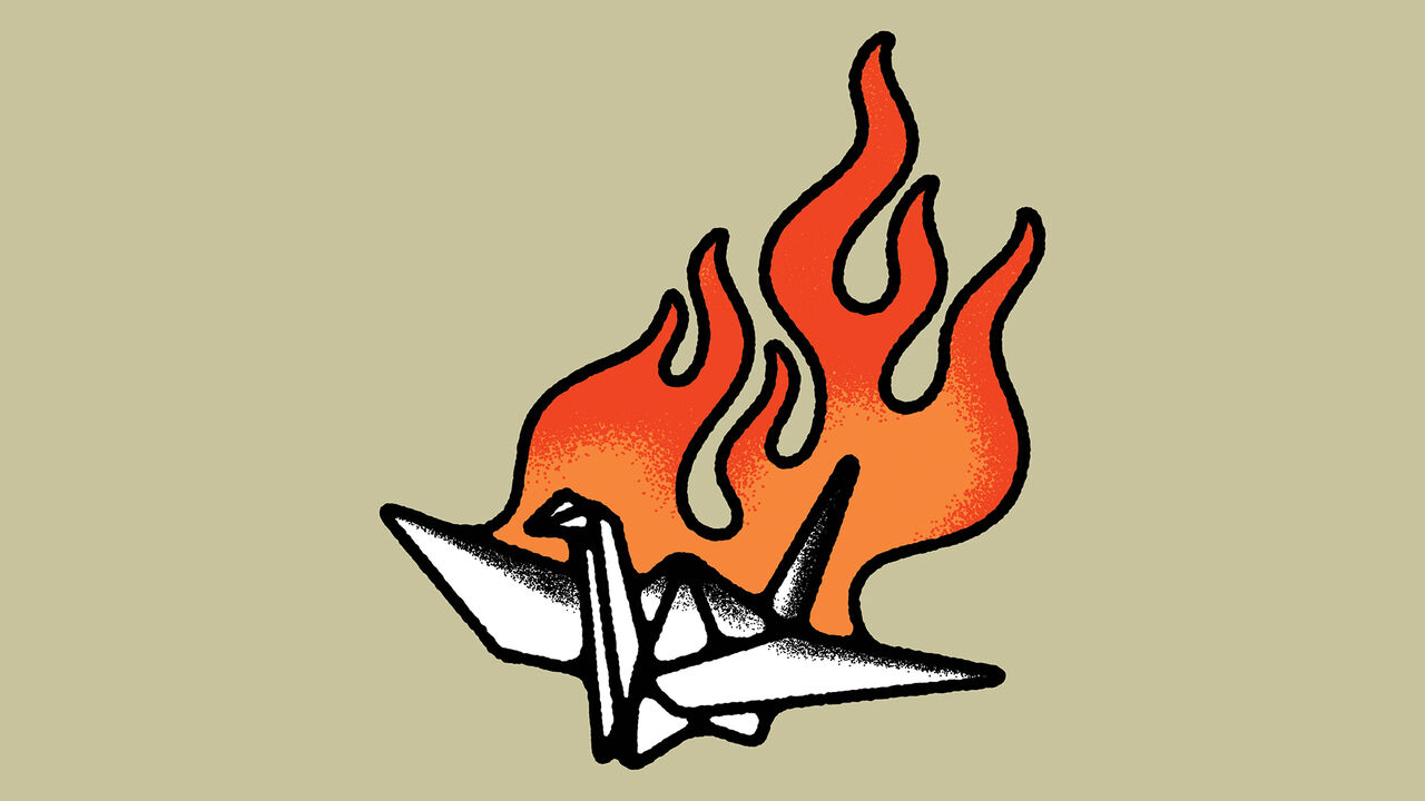 Illustration of a paper crane on fire