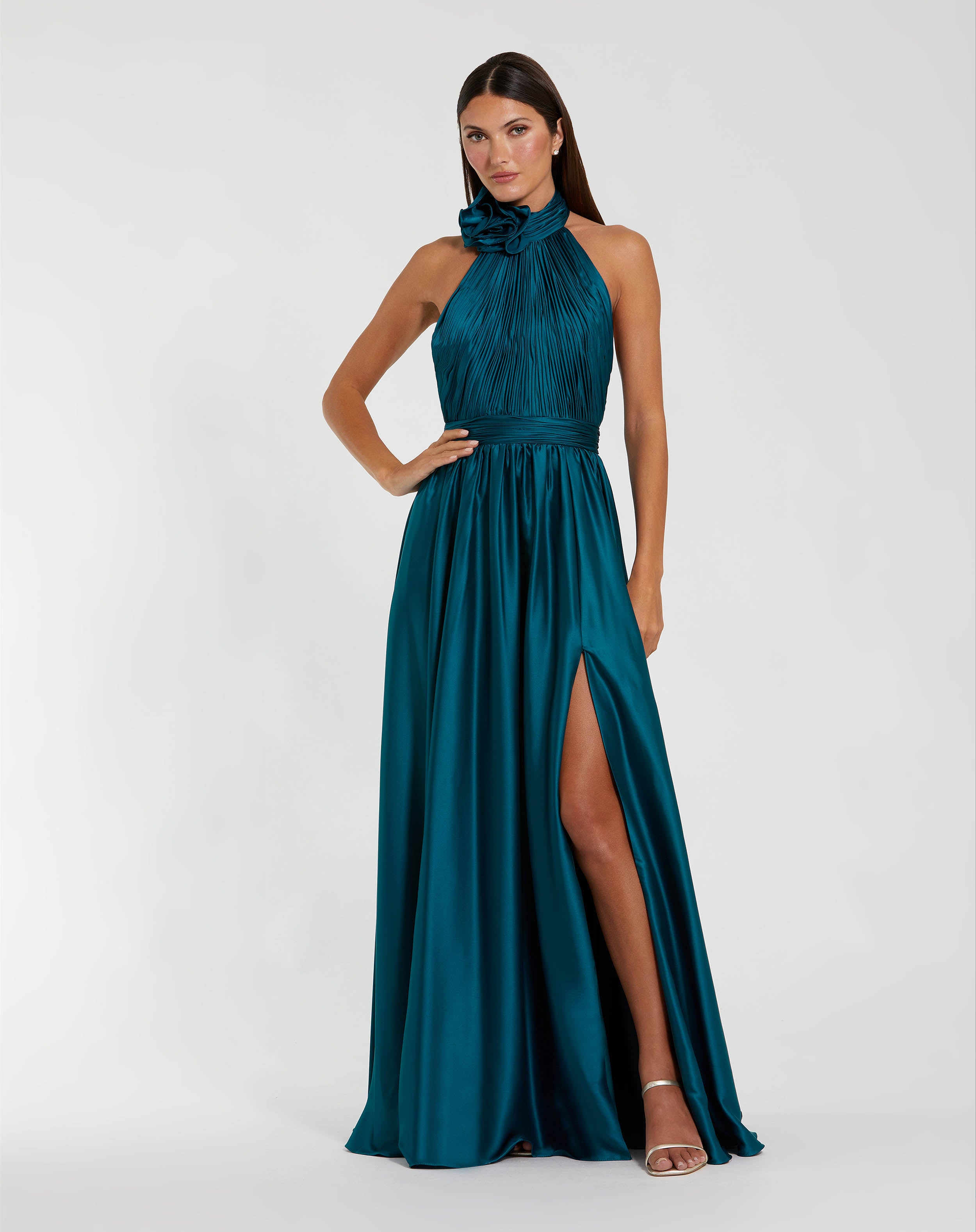 Image of Teal Halter Neck Open Back Satin Gown With Slit