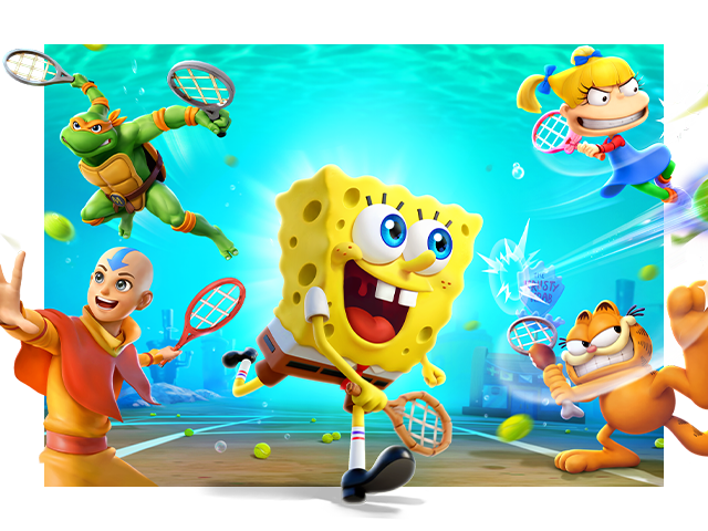 Key art for Nickelodeon Extreme Tennis: Next! showcasing Sponge Bob, Garfield, and additional characters playing tennis.
