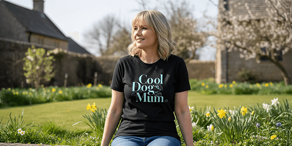 A woman with blonde hair is wearing a t-shirt that reads 'Cool Dog Mum'. She is sitting outside and there are daffodils and green grass in the background