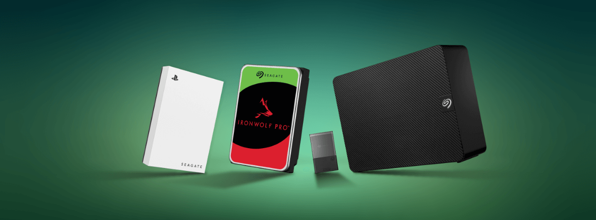 A selection of Seagate storage devices against a green gradient background - a Game Drive for PS5, an  IronWolf Pro, and Expansion Card for Xbox and an Expansion Desktop.