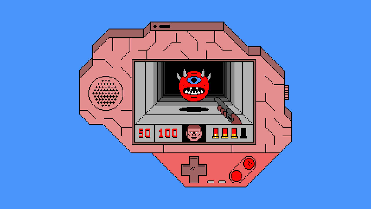 A handheld console in the shape of a brain that's playing 'Doom' the video game