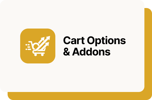 Off-white rounded card with a warm golden yellow offset shadow, featuring a golden yellow app icon with a white shopping cart and upward arrow graphic, beside the bold black text "Cart Options & Addons".