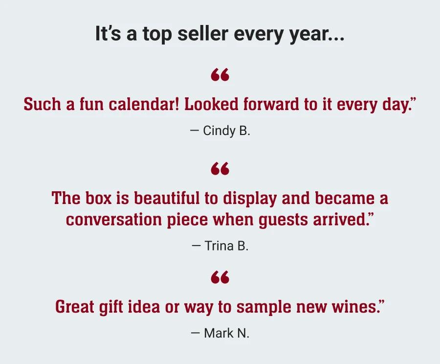 It's a top seller every year... " Such a fun calendar! Looked forward to it every day." — Cindy B. | "The box is beautiful to display and became a conversation piece when guests arrived." - Trina B. | "Great gift idea or way to sample new wines." - Mark N.