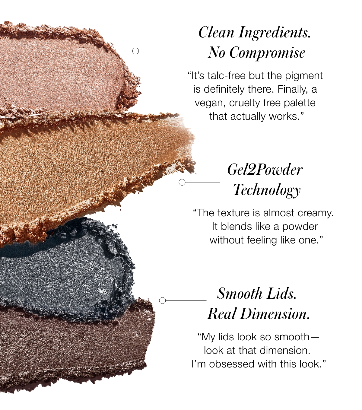 Clean Ingredients. No Compromise “It’s talc-free but the pigment is definitely there. Finally, a vegan, cruelty free palette that actually works.”  Gel2Powder Technology “The texture is almost creamy. It blends like a powder without feeling like one.”  Smooth Lids. Real Dimension.  “My lids look so smooth—look at that dimension. I’m obsessed with this look.”
