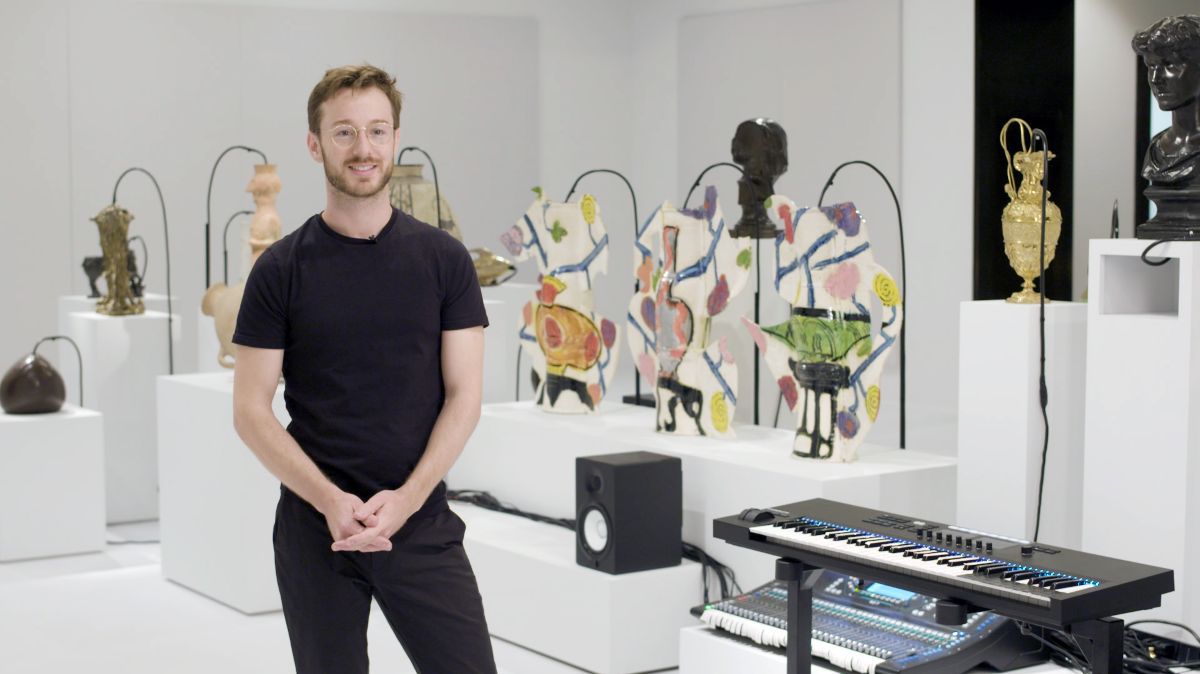 Artist Oliver Beer with an installation view from Vessel Orchestra (2019)