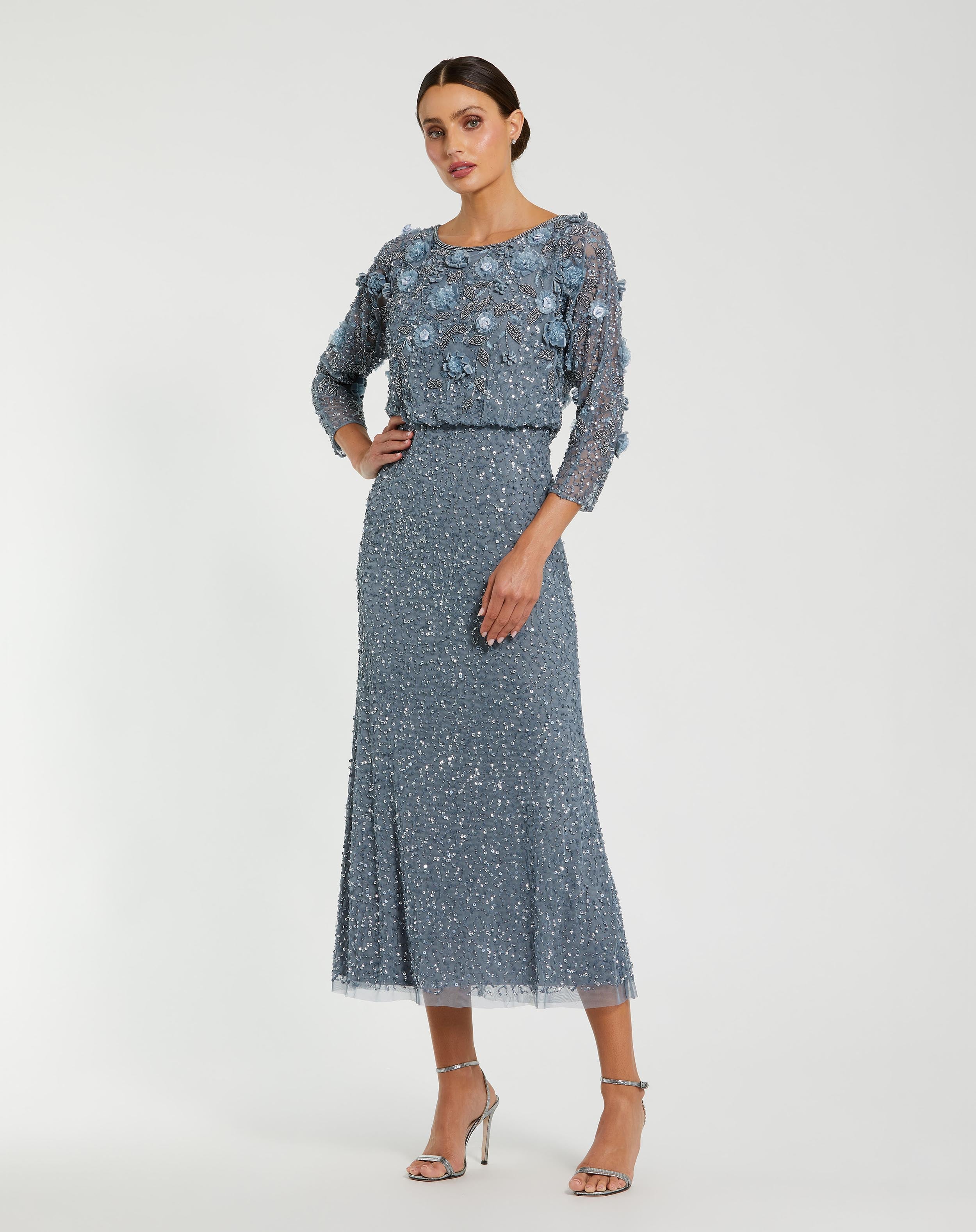 Image of Blue Floral Embellished Midi Dress With 3/4 Sleeves
