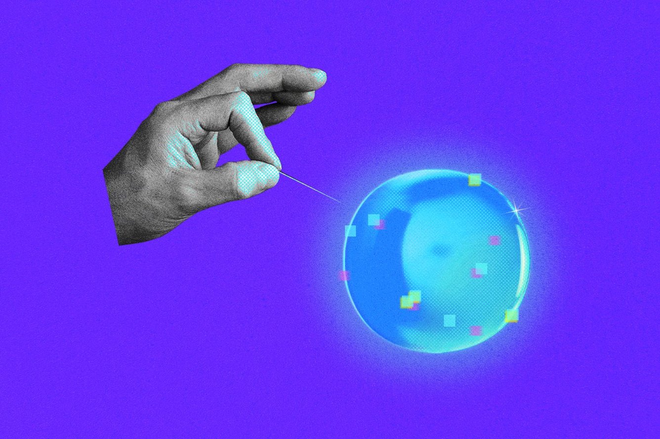 Hand holding a needle next to AI bubble.
