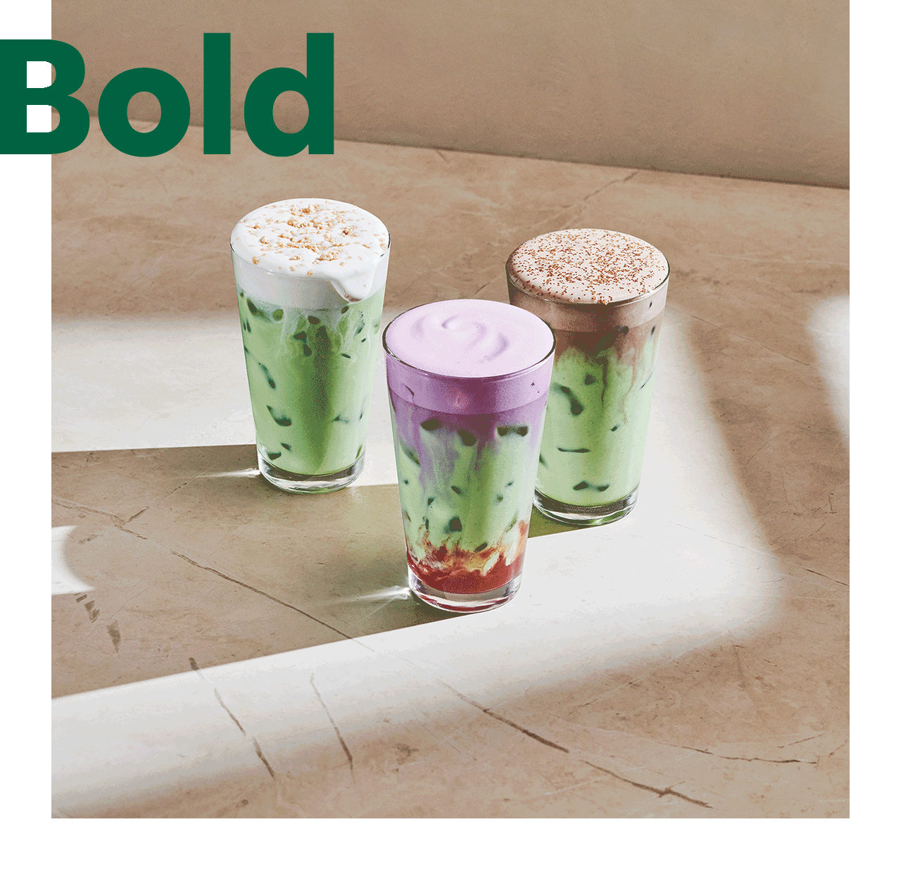 Animated triple zoom into a photo of three iced matcha drinks topped with cold foam, as the words “Bold new matcha menu” appear on screen.