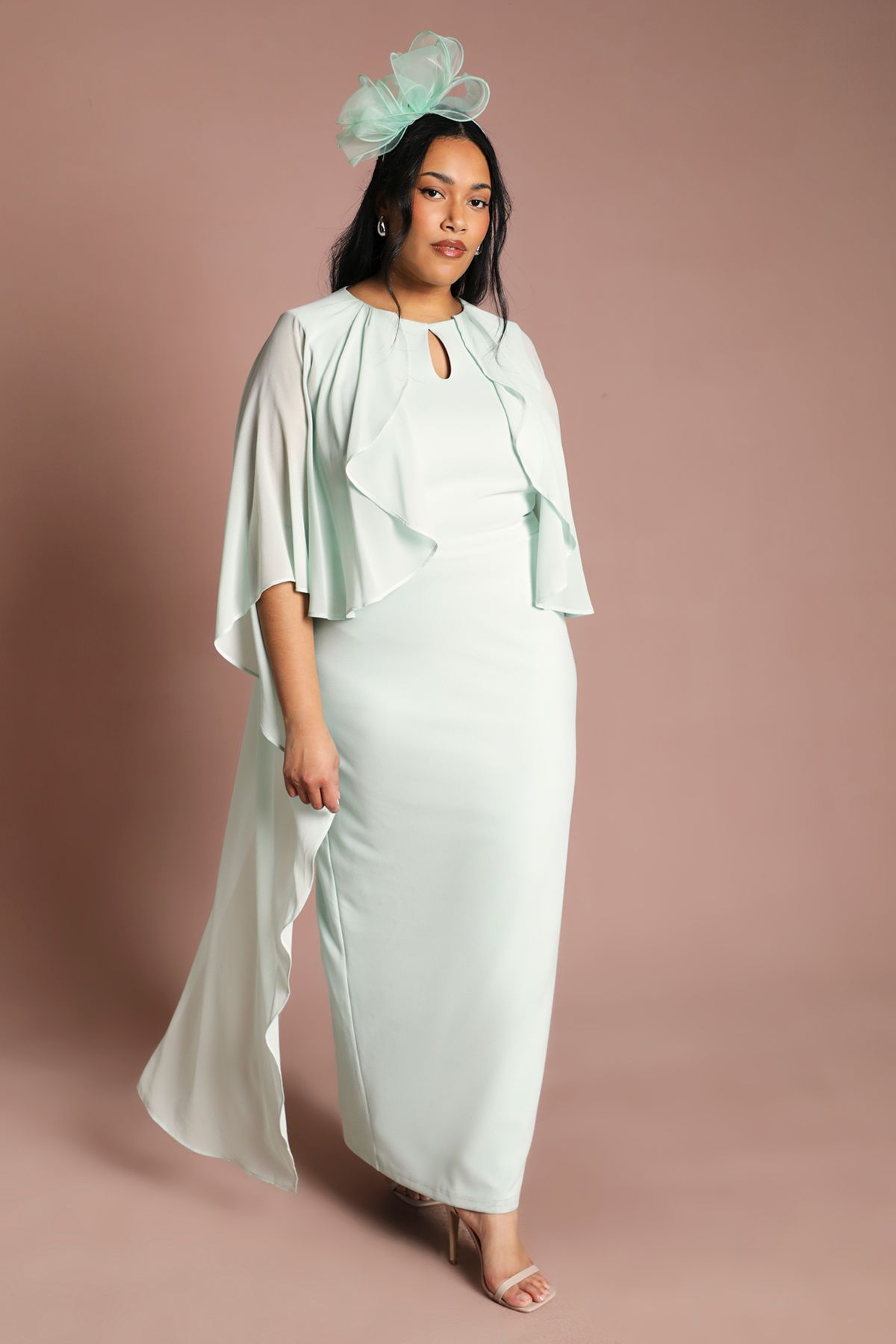 Plus Ruffle Chiffon Cape Crepe Maxi Dress