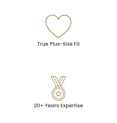 A heart icon with the words "True Plus-Size Fit" and a medallion icon with the words "20+ Years Expertise".