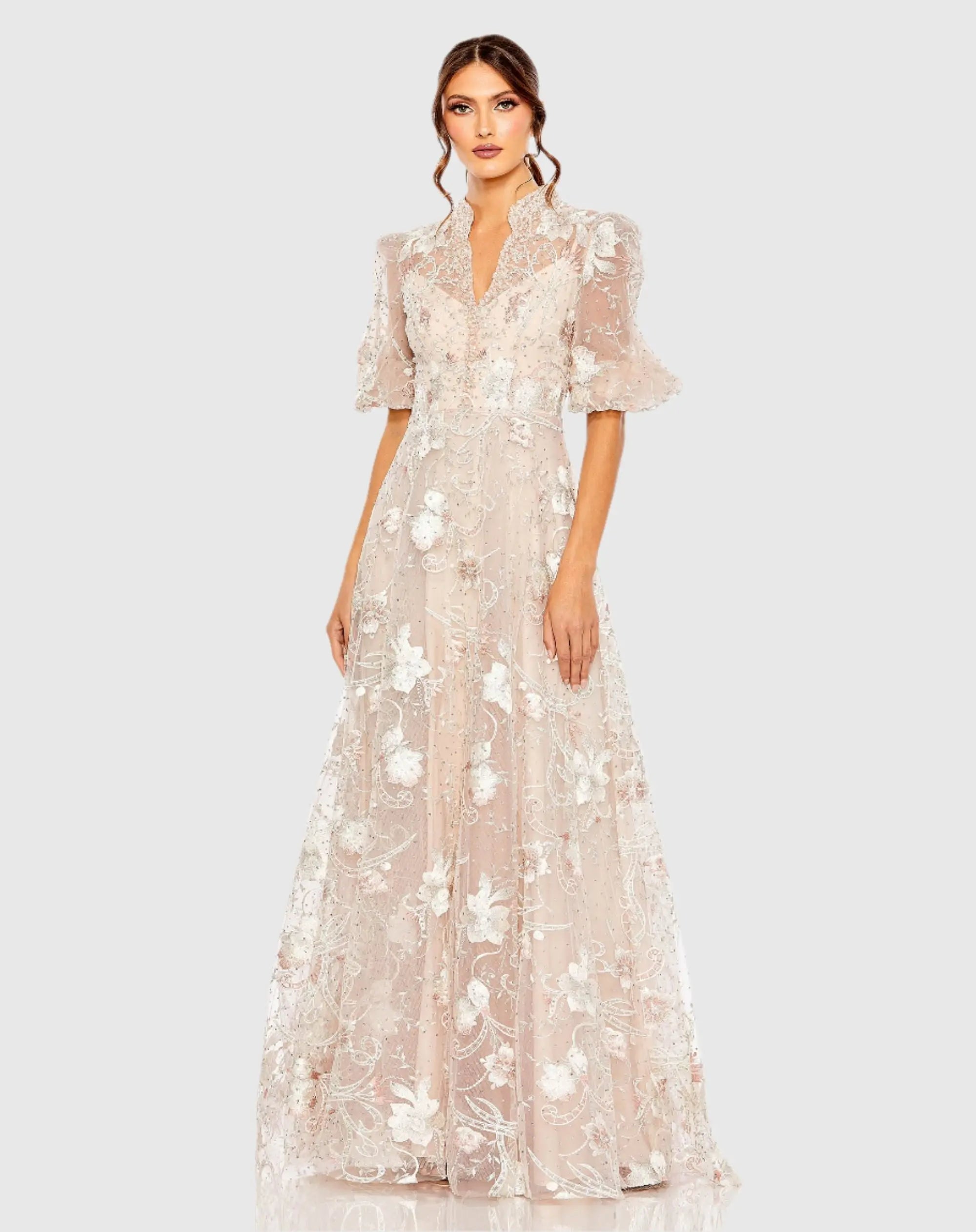 Image of Pink Queen Anne Puff Sleeve Embroidered A-Line Gown