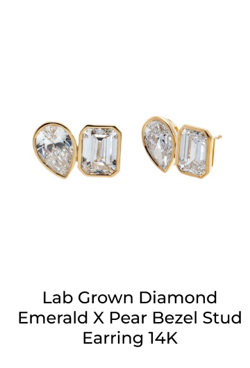 Lab Grown Diamond Emerald X Pear Bezel Stud Earring 14K
