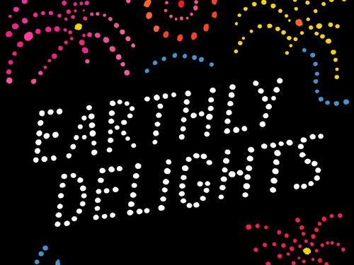The cover of a book, with "Earthly Delights" in light-like font, and a woman's nose and mouth horizontal at the bottom.