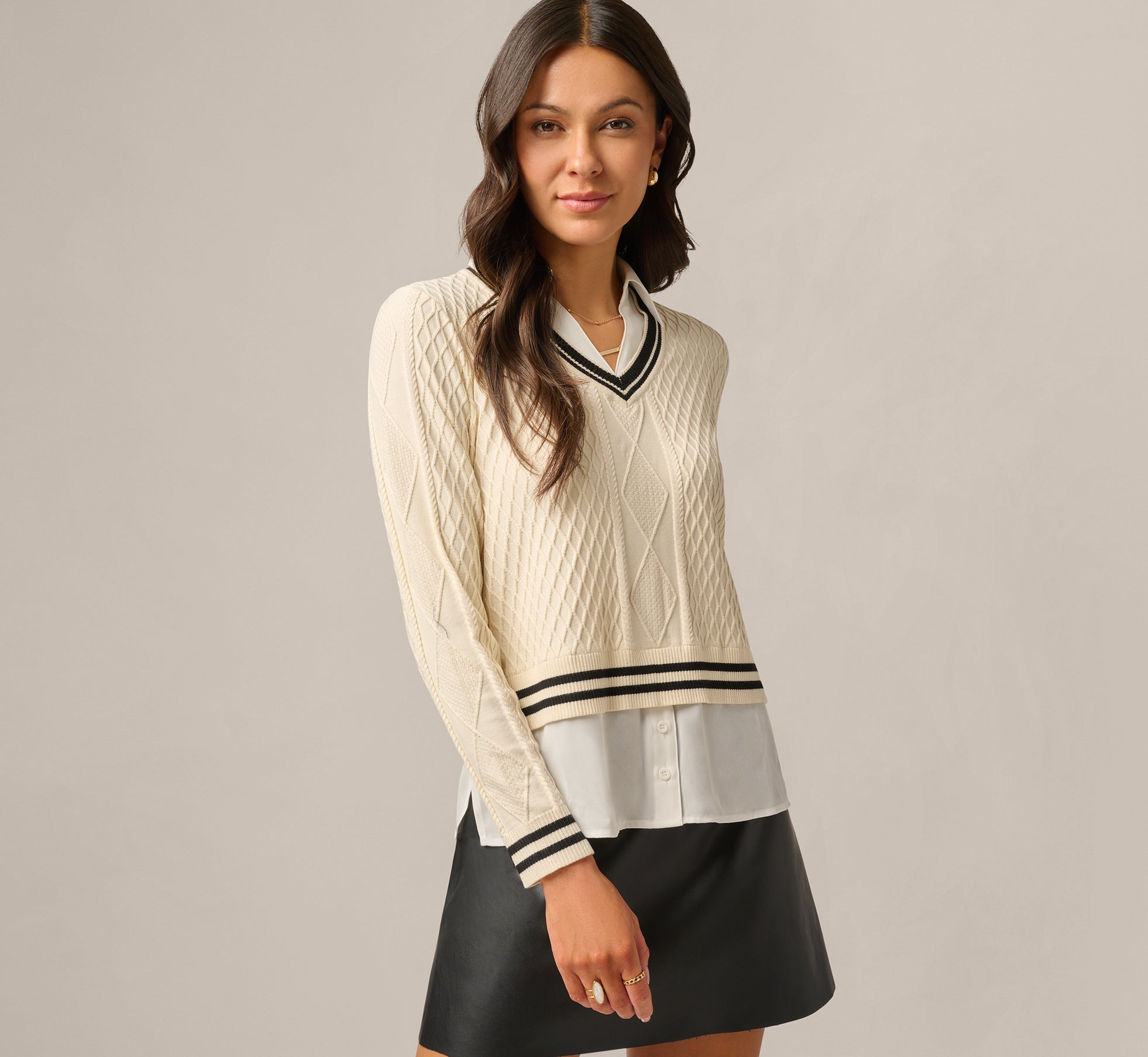 Image of Long Sleeve Cable Knit Twofer Sweater Top In Cream Black W  Ivory