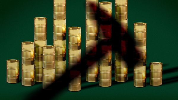 An illustration of stacks of oil barrels looking like gold coins. A sledgehammer shadow is looming over the piles.