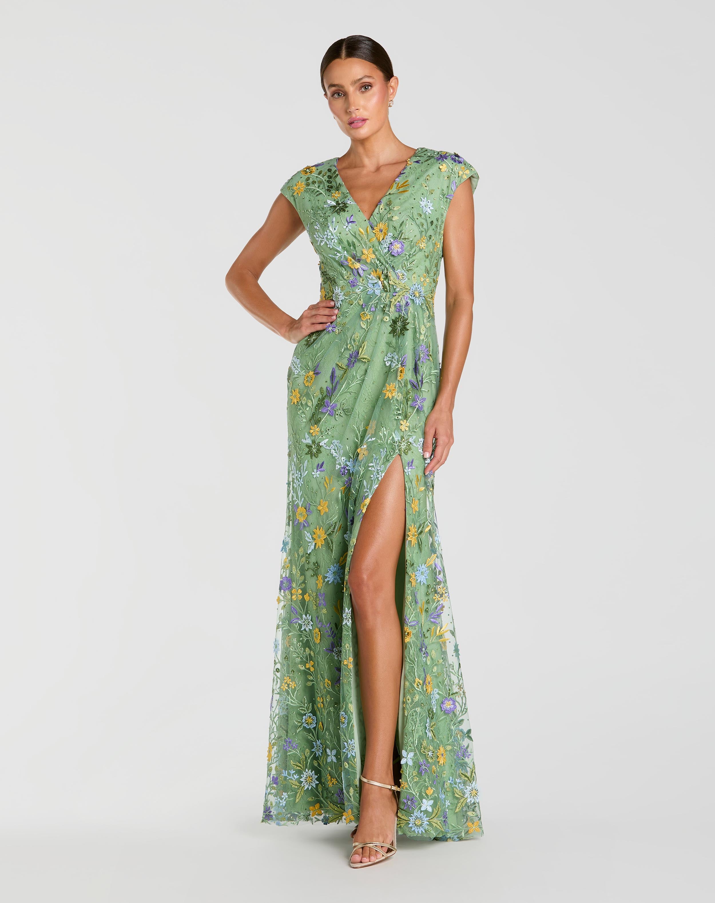 Image of Green Faux Wrap Embroidered Cap Sleeve Gown