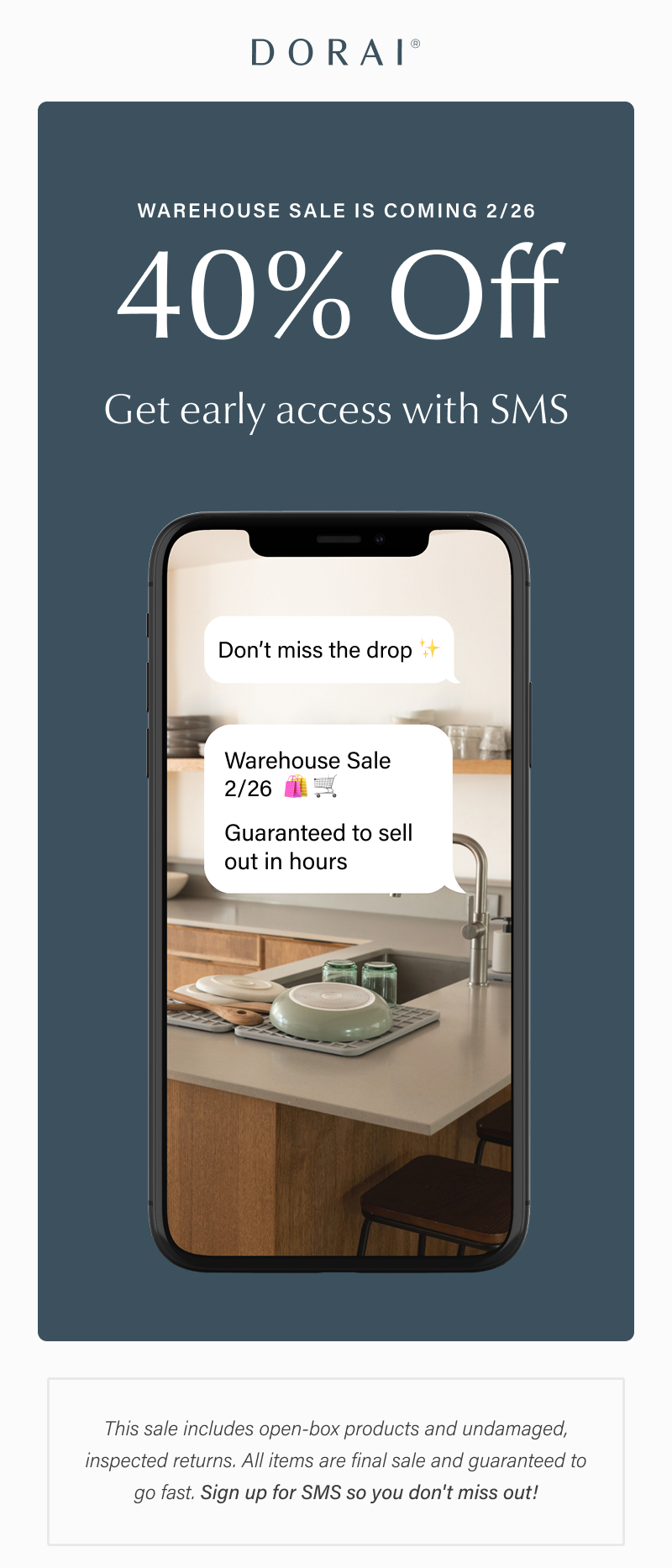 Warehouse sale announcement for February 26 featuring 40% off and a call to sign up for SMS for early access.