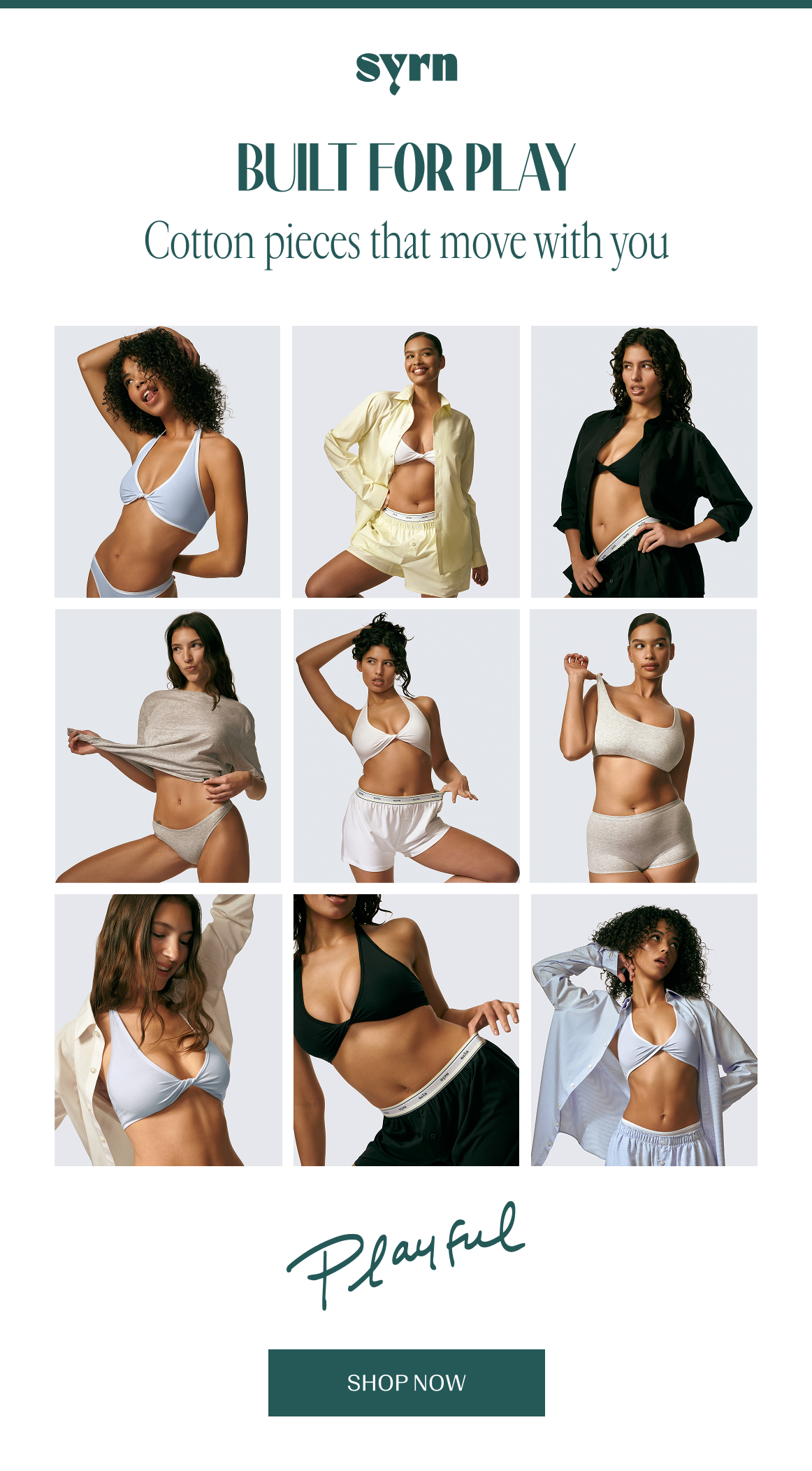 Grid of models in different playful outfits