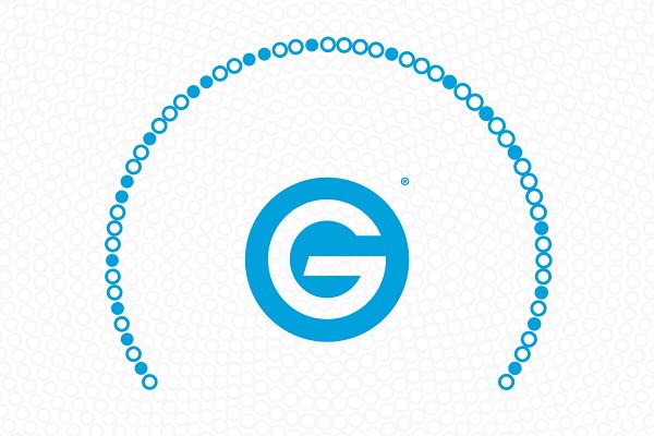 Blue circular logo with a white 'G' inside, framed by an arc of alternating filled and hollow blue circles.