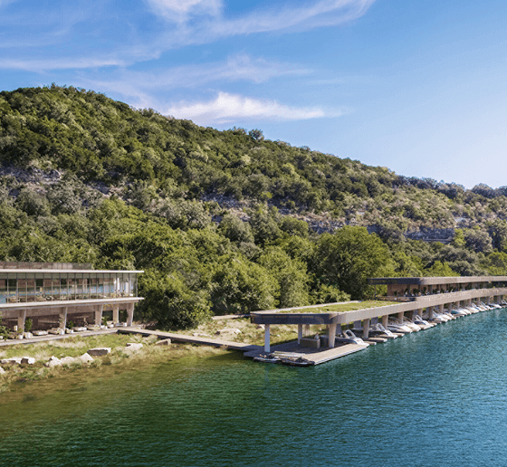 Private marina and waterfront residences along a secluded shoreline.