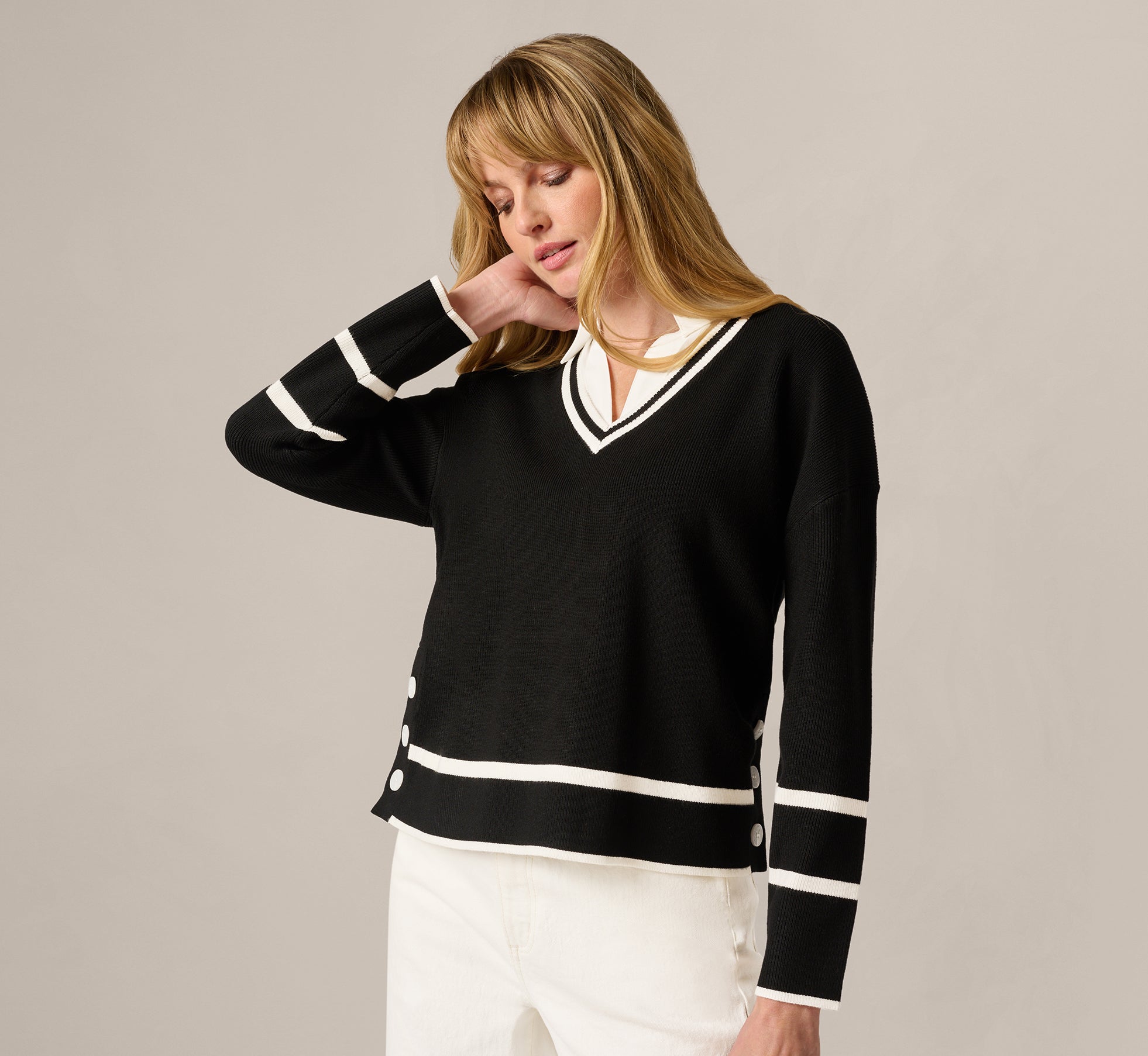 Image of Long Sleeve Drop Shoulder Twofer Sweater In Black Ivory