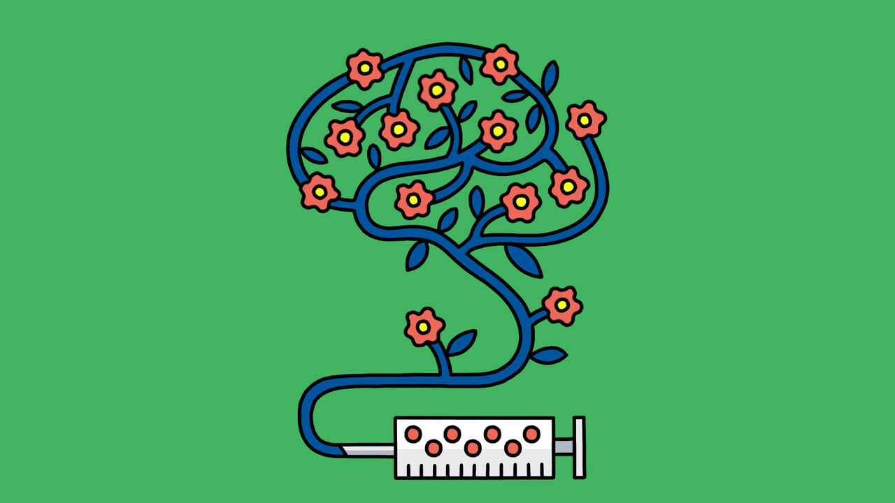 Illustration of a brain with flowers in it. The brain is formed from the liquid escaping a syringe.
