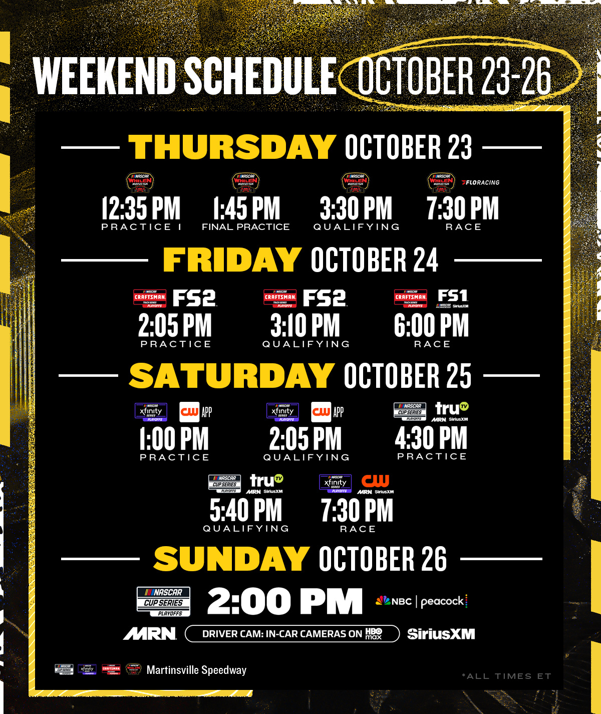NASCAR Weekend Schedule | Racing will start with the Whelen Modified on Thursday and end with the NASCAR Cup Series on Sunday at 2:00 PM ET