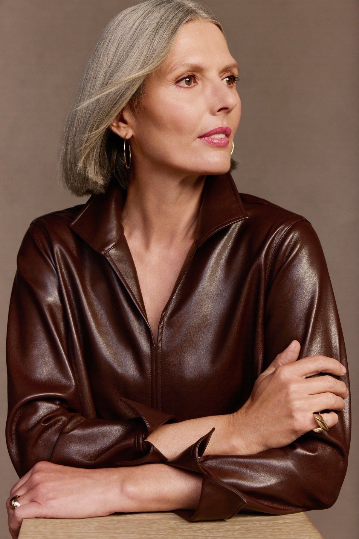 Image of Agnes Vegan Leather Long Sleeve Popover Shirt