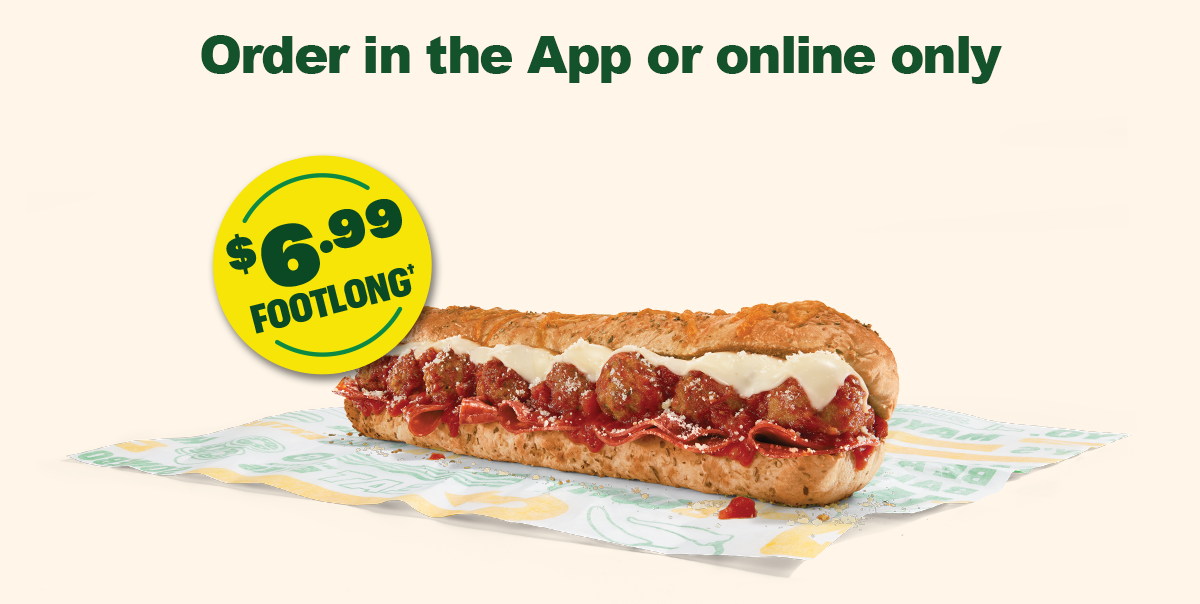 Subway® promotional email highlighting gametime eats in the App or online. Headline text reads “Soccer’s on, savings are live! Time for a sub.” Below highlithes the offer a $6.99 footlong. Additional text encourages checking the app for deals and features a button labeled “Kick it off” and “Order for gametime,” with “Soccer is on. Time for a sub.” at the bottom. The email finishes with a section reminding guests that when USA wins, so do they with 40% Off a Footlong.