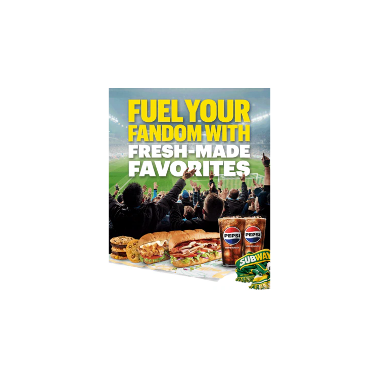 Promotional email for Subway® soccer-themed offers. Headline reads “Promotional email for Subway® soccer-themed offers. Headline reads “Fuel your fandom with fresh-made favorites.” Text includes “Time for a sub” and a “Plan my party” button. An additional section promotes a limited-time deal, including a $6.99 footlong. Imagery shows subs, Lay’s chips, Pepsi beverages, and a group setting. A catering section highlights options for larger groups with assorted drinks and sandwiches, with call-to-action buttons including “Order now” and “Feed my squad.”