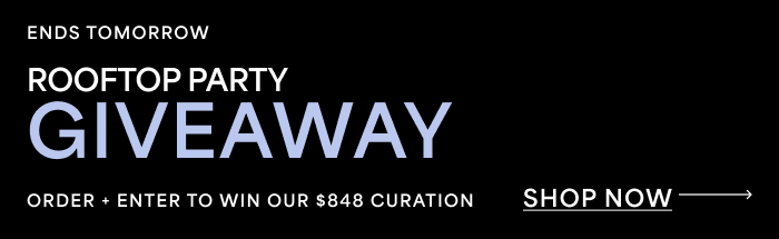 Banner with the text "Rooftop Party Giveaway" highlighting an $848 value event with a “Shop Now” button.