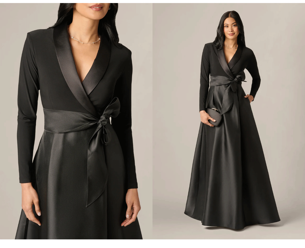 Long Sleeve Sash Belt Tuxedo Combo Gown In Black