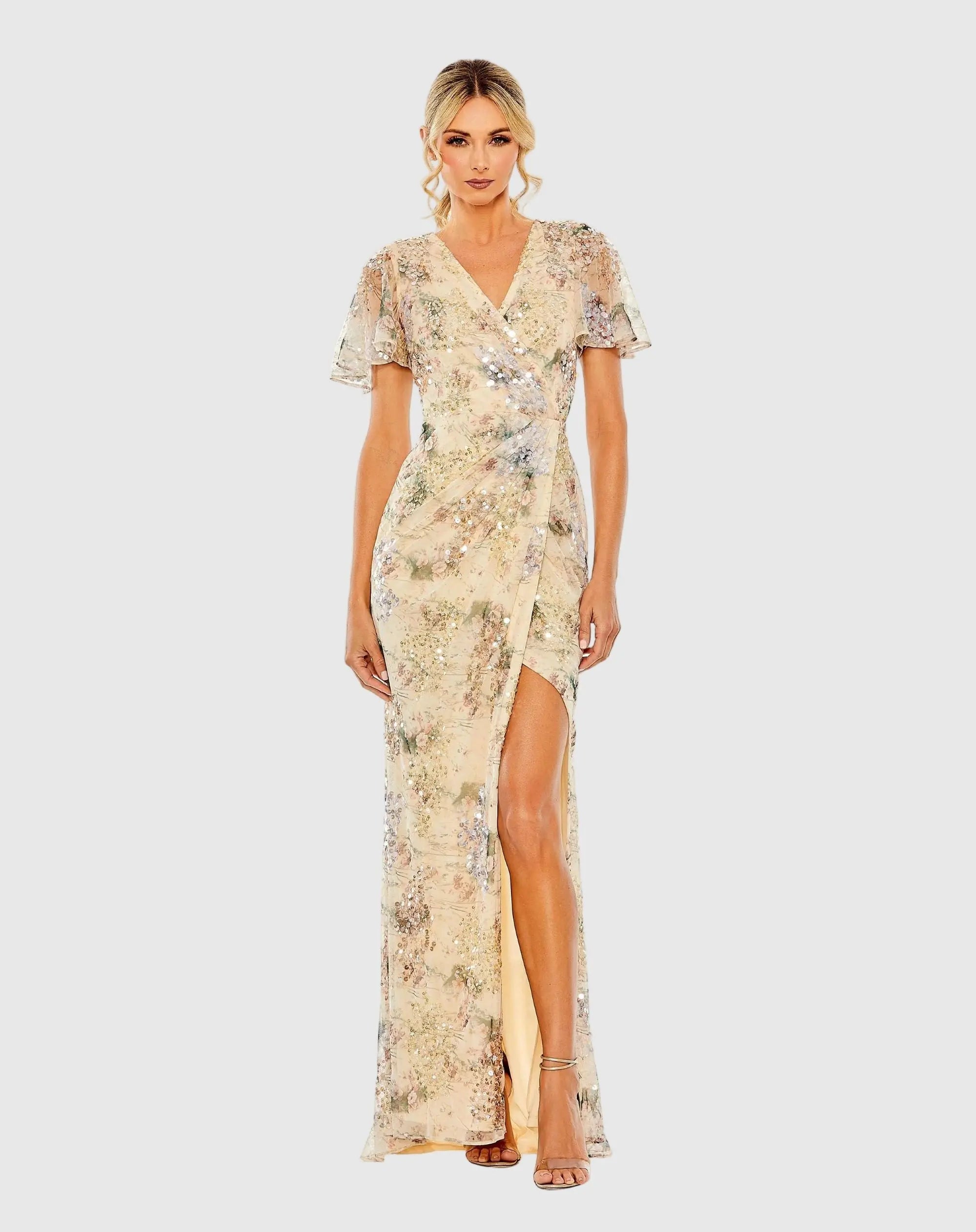 Image of Beige Flutter Sleeve Embellished Evening Gown