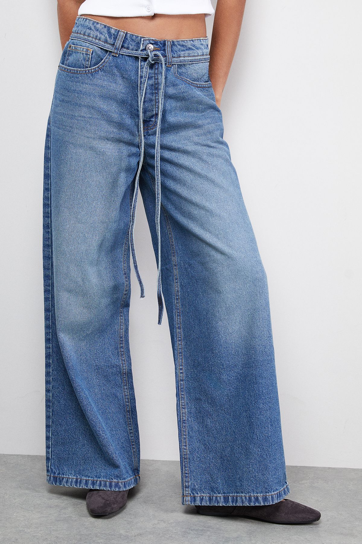 Tie Waist Wide Leg Denim Jean