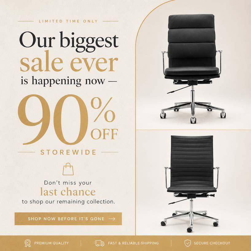 Furniture ad showcasing timeless design chairs with free shipping and fast delivery.