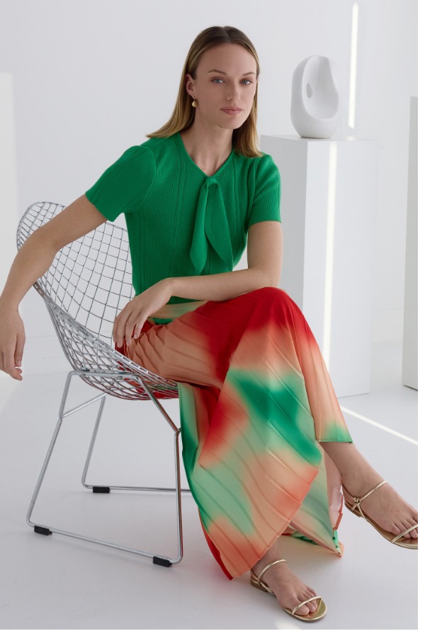 Tonal Faux Tie Neck Soft Ribbed Knit Top