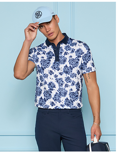 STAMPED FLORAL TECH JERSEY POLO