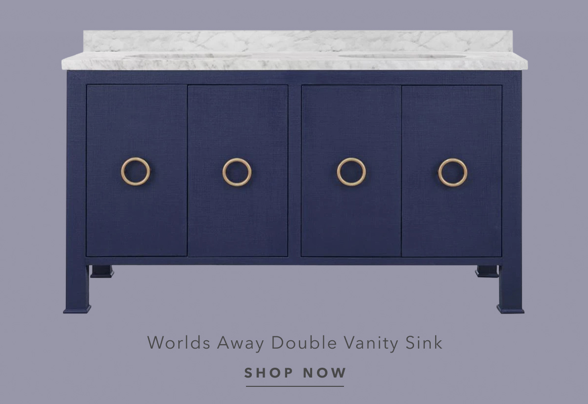 Worlds Away Blanche Regency White Marble Navy Linen Double Vanity Sink - 60
