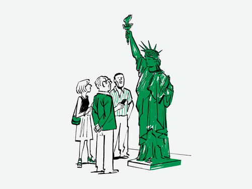 People looking at the Statue of Liberty.