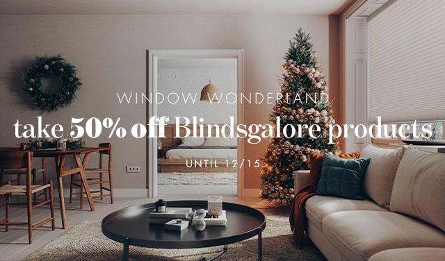create a window wonderland with 50% off all blindsgalore products until 12/15