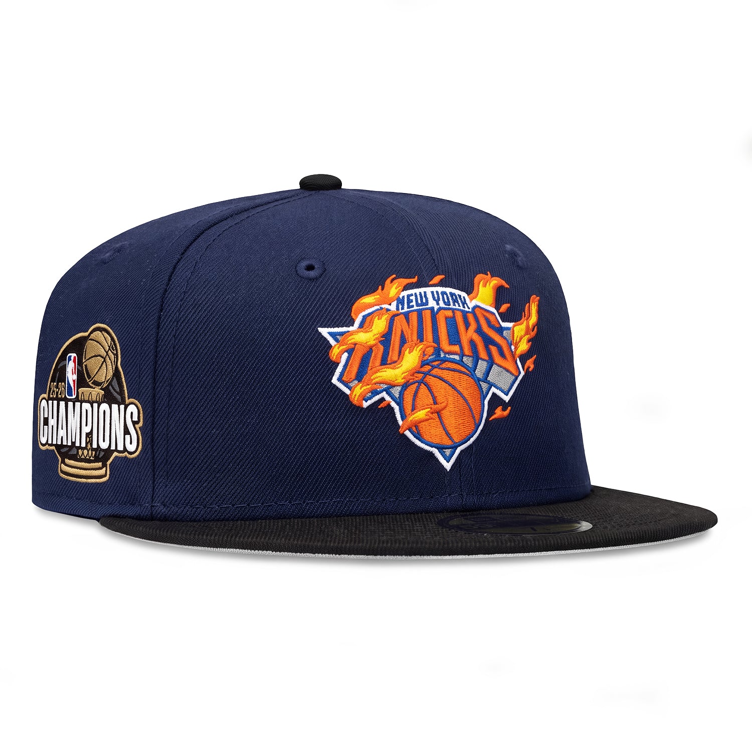 Image of Pre-Order New Era 59Fifty New York Knicks 2026 NBA Champions Patch Flame Hat - Navy, Black