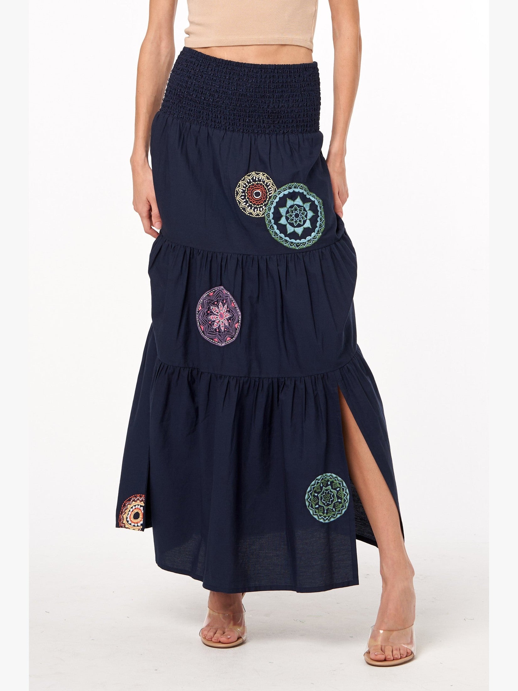 Image of Hazel Embroidered Medallion Slit Maxi Skirt
