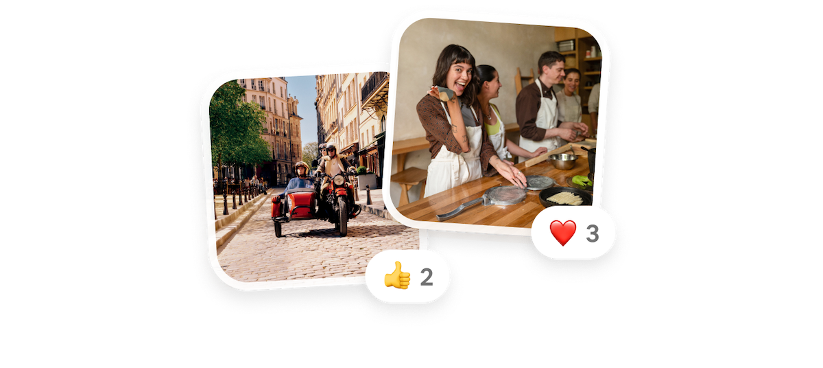 Two snapshots of Airbnb Experiences around the world with emoji reactions attached. The first, a pair of travelers riding a motorcycle with a sidecar through European streets. The second, featuring guests posing excitedly in a group cooking class.