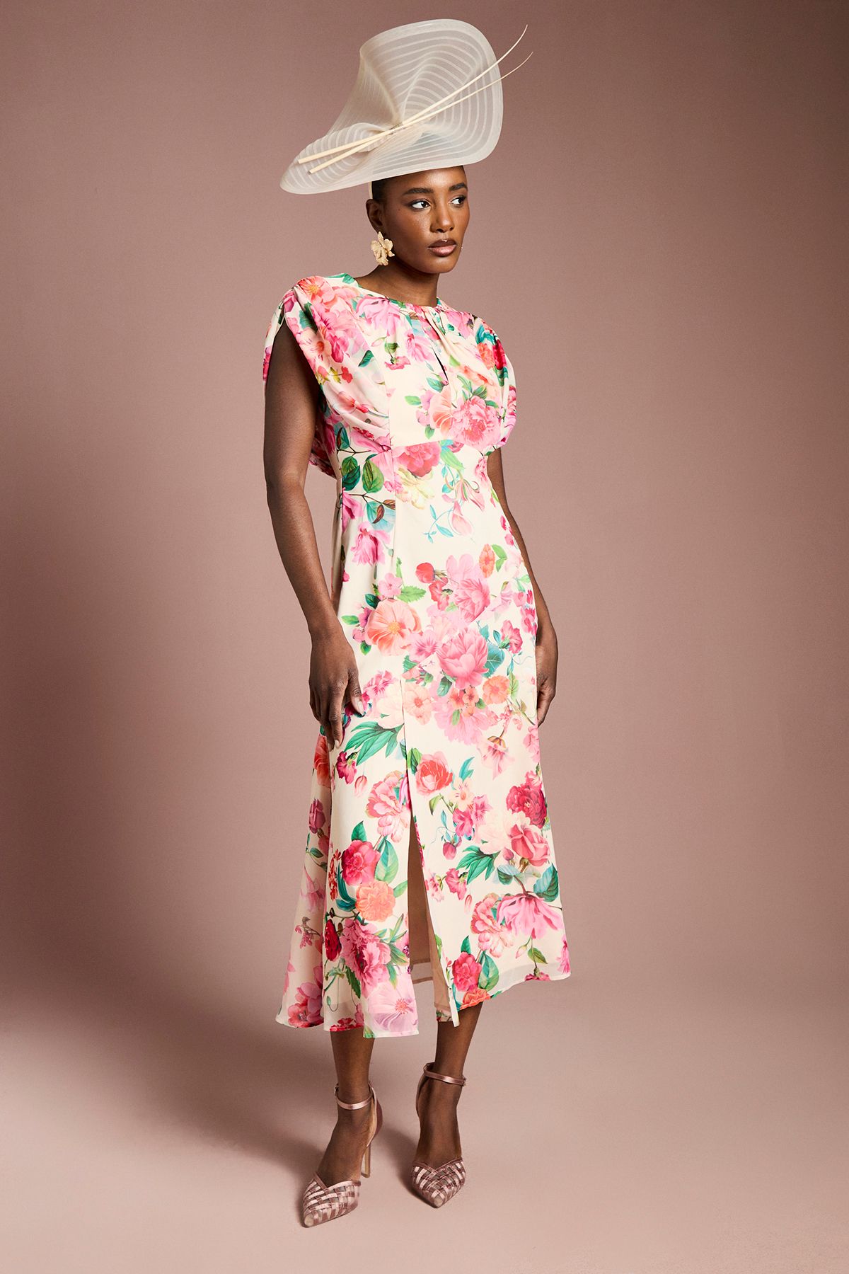 Cap Sleeve Floral Chiffon Midi Dress