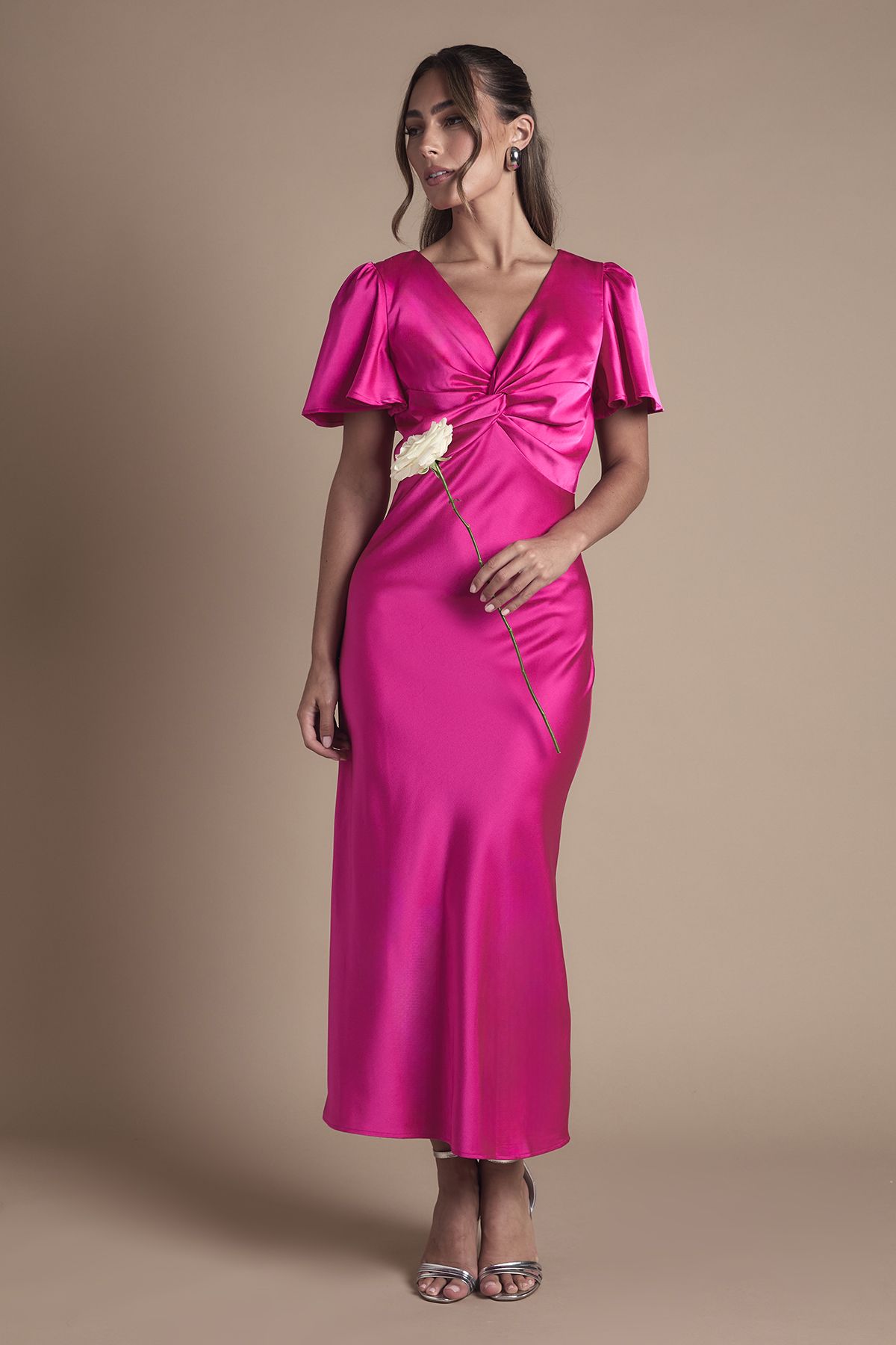 Oasis by Coast Satin Twist Front Angel Sleeve Midi Bridesmaid Dress