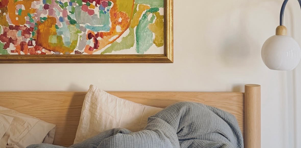 Keeps Architect Bed Frame Headboard in Natural with Colorful art and lamp