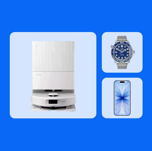 A Roborock vacuum cleaner, an OMEGA watch, and an iPhone sit in light blue tiles against a blue background.