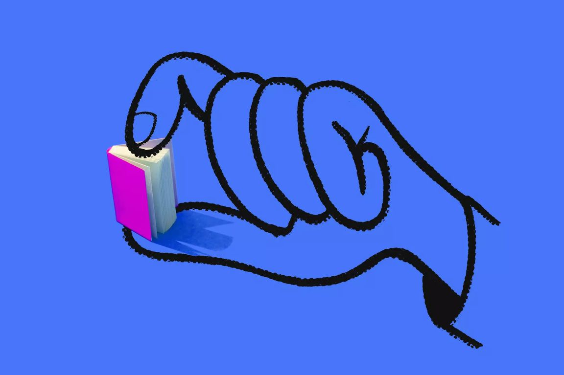 Illustration of a hand holding a small pink-and-white book against a blue background.