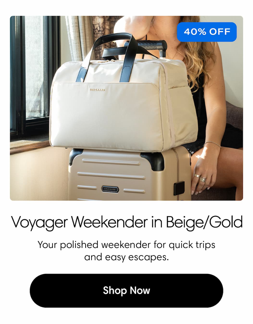 Voyager Weekender in Beige / Gold: 40% Off: Your polished weekender for quick trips and easy escapes. Shop Voyager Weekender for $172